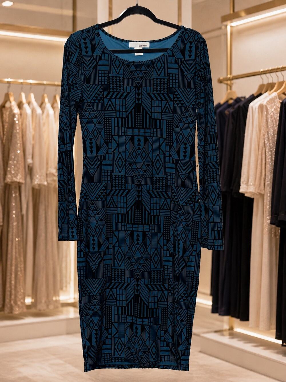 Sans Souci Dress L Green Black Velvet Flocked Geometric Midi Long Sleeve Chic